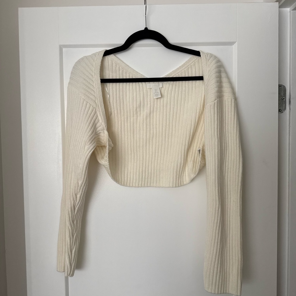 H&M Off-White Ribbed Knit Shoulder Cardigan